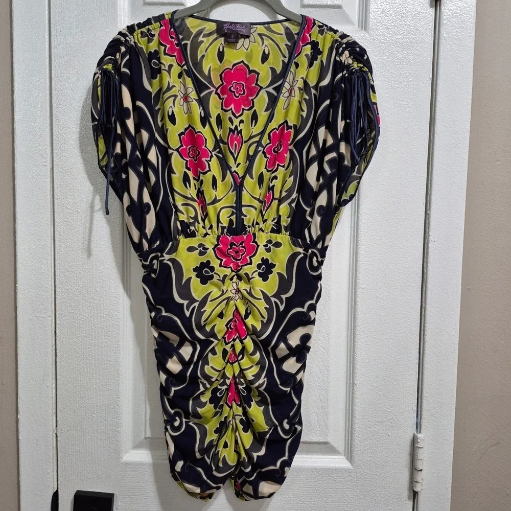 Hale Bob Floral Mesh Ruched V-Neck Dress Navy Pink Lime Womens Small